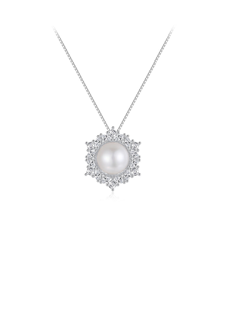 925 Sterling Silver Fashion and Elegant Geometric Floral Freshwater Pearl Pendant with Cubic Zirconia and Necklace - Luxurious Look