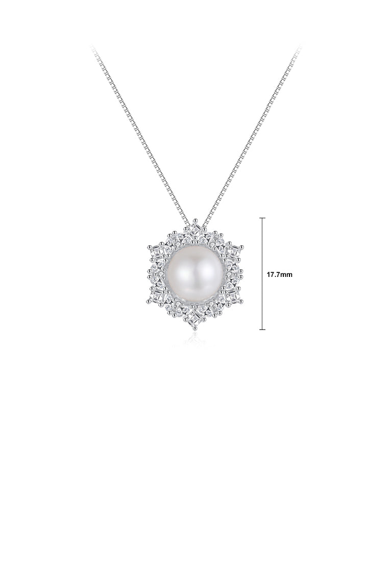 925 Sterling Silver Fashion and Elegant Geometric Floral Freshwater Pearl Pendant with Cubic Zirconia and Necklace - Luxurious Look