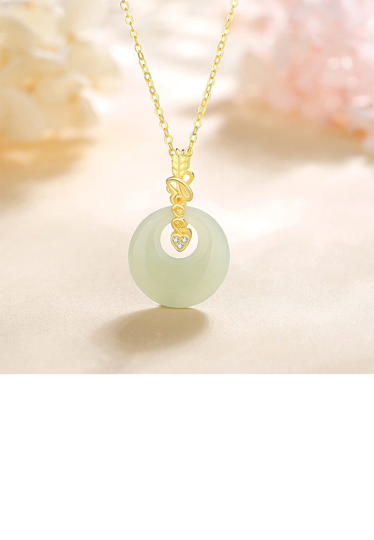 925 Sterling Silver Plated Gold Fashion Vintage Heart-shaped Arrowhead Hetian Jade Pendant with Cubic Zirconia and Necklace - Luxurious Look