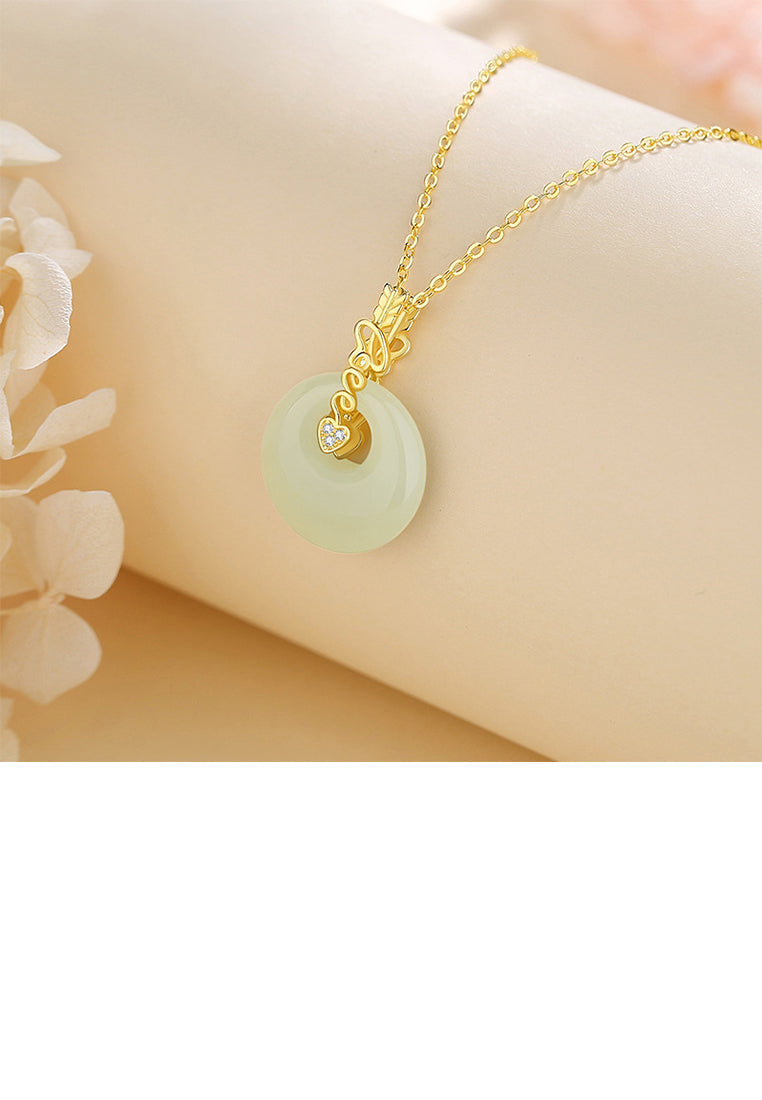 925 Sterling Silver Plated Gold Fashion Vintage Heart-shaped Arrowhead Hetian Jade Pendant with Cubic Zirconia and Necklace - Luxurious Look