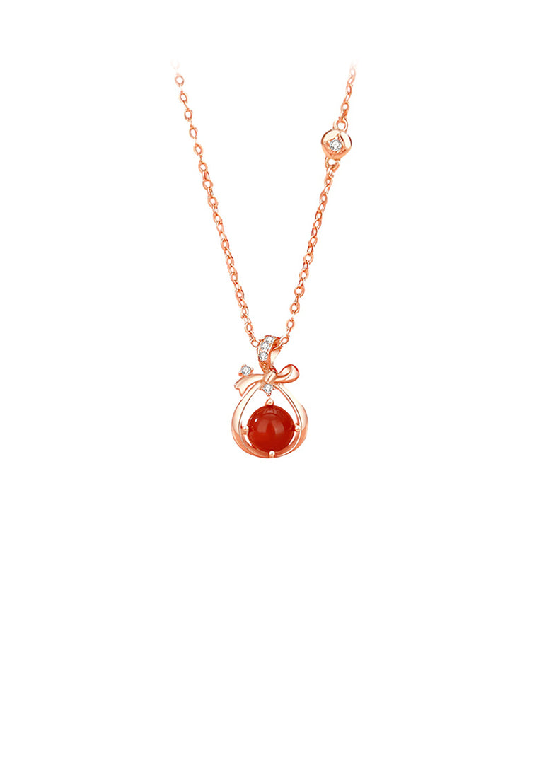 925 Sterling Silver Plated Rose Gold Fashion Vintage Ribbon Purse Imitation Agate Pendant with Cubic Zirconia and Necklace - Luxurious Look