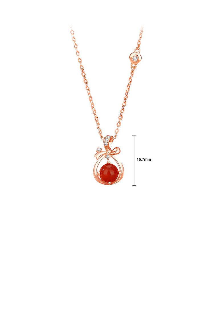 925 Sterling Silver Plated Rose Gold Fashion Vintage Ribbon Purse Imitation Agate Pendant with Cubic Zirconia and Necklace - Luxurious Look