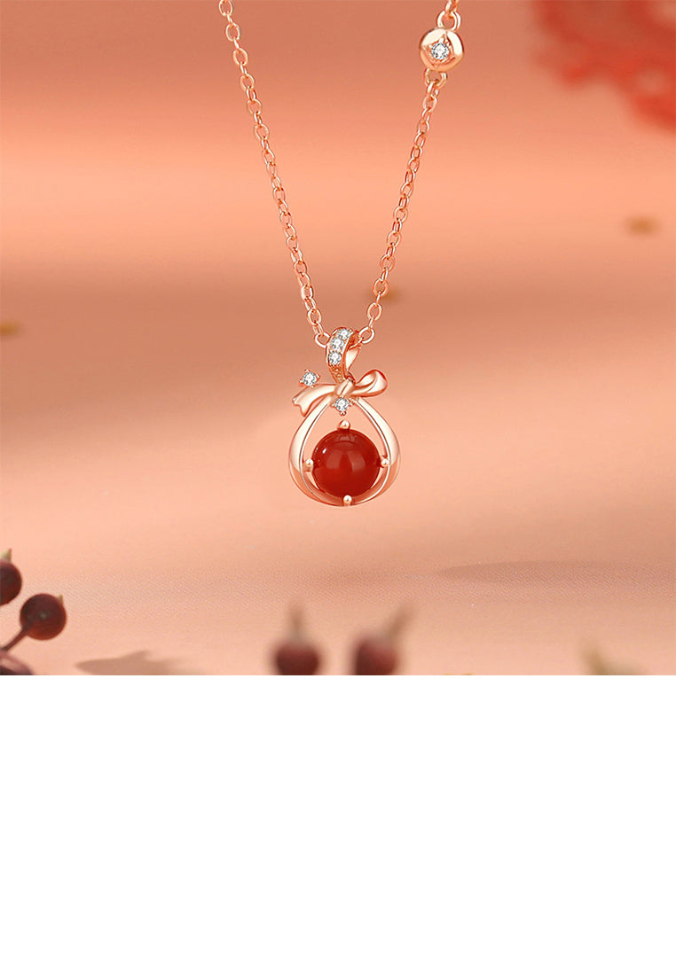 925 Sterling Silver Plated Rose Gold Fashion Vintage Ribbon Purse Imitation Agate Pendant with Cubic Zirconia and Necklace - Luxurious Look