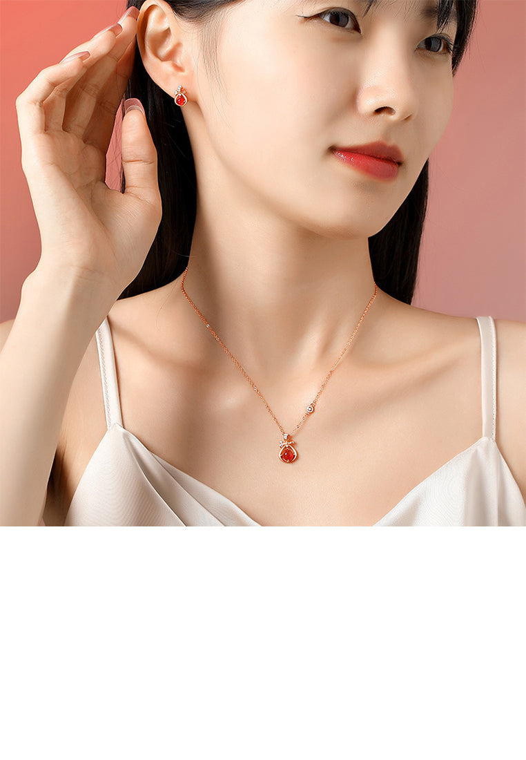 925 Sterling Silver Plated Rose Gold Fashion Vintage Ribbon Purse Imitation Agate Pendant with Cubic Zirconia and Necklace - Luxurious Look