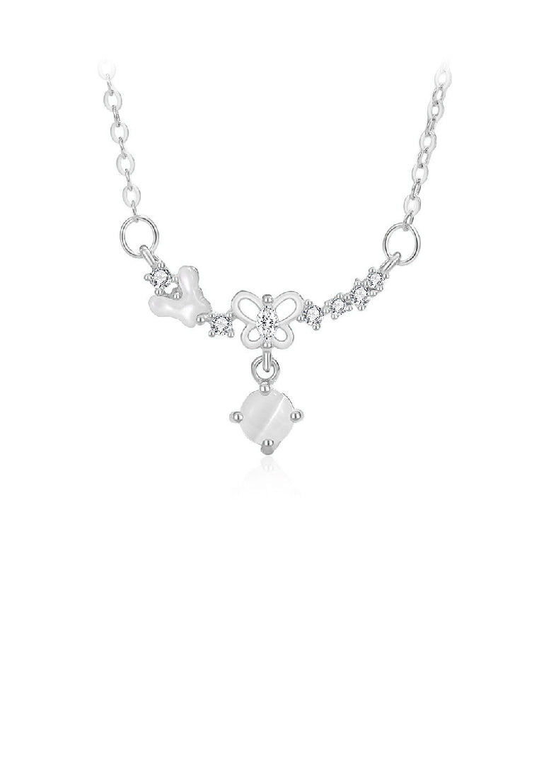 925 Sterling Silver Fashion Temperament Butterfly Imitation Opal Pendant with Cubic Zirconia and Necklace - Luxurious Look