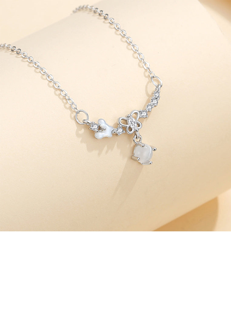 925 Sterling Silver Fashion Temperament Butterfly Imitation Opal Pendant with Cubic Zirconia and Necklace - Luxurious Look