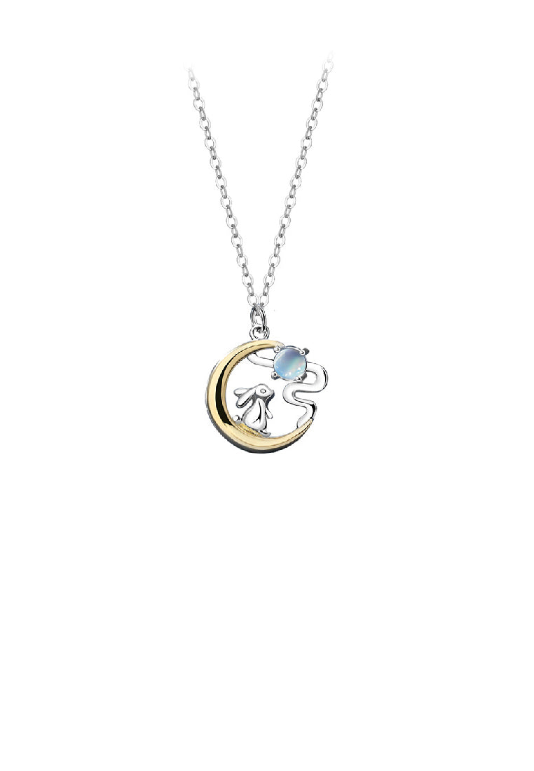 925 Sterling Silver Fashion Creative Rabbit Golden Moon Moonstone Pendant with Necklace