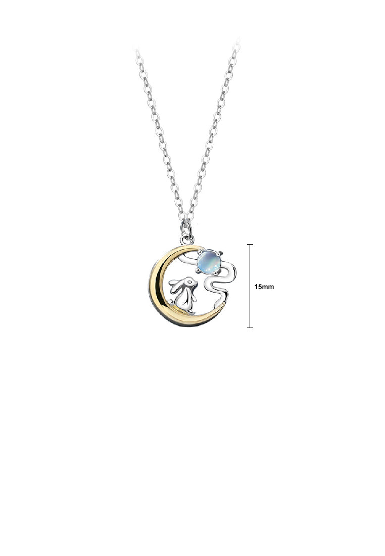 925 Sterling Silver Fashion Creative Rabbit Golden Moon Moonstone Pendant with Necklace