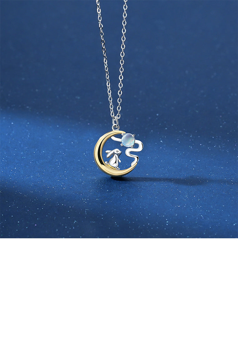 925 Sterling Silver Fashion Creative Rabbit Golden Moon Moonstone Pendant with Necklace