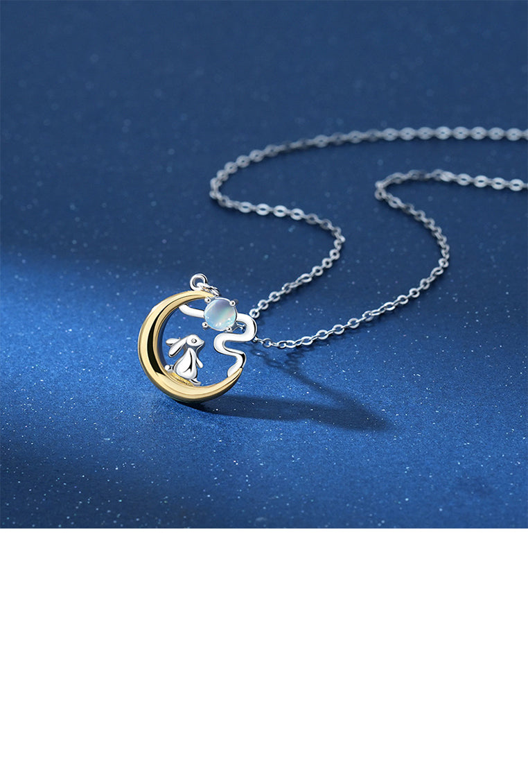 925 Sterling Silver Fashion Creative Rabbit Golden Moon Moonstone Pendant with Necklace