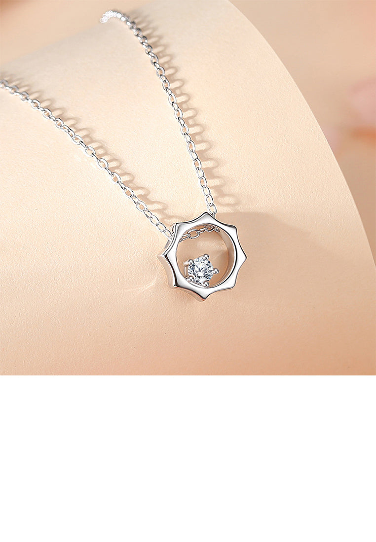 925 Sterling Silver Simple and Fashion Hollow Sun Pendant with Cubic Zirconia and Necklace - Luxurious Look