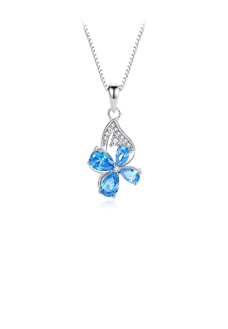 925 Sterling Silver Fashion Temperament Four-leafed Clover Pendant with Blue Cubic Zirconia and Necklace - Luxurious Look
