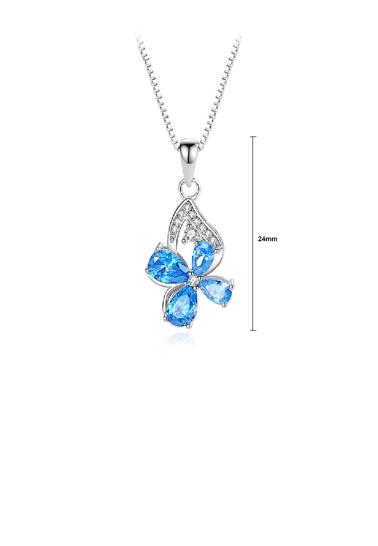 925 Sterling Silver Fashion Temperament Four-leafed Clover Pendant with Blue Cubic Zirconia and Necklace - Luxurious Look