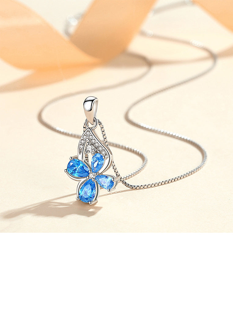 925 Sterling Silver Fashion Temperament Four-leafed Clover Pendant with Blue Cubic Zirconia and Necklace - Luxurious Look