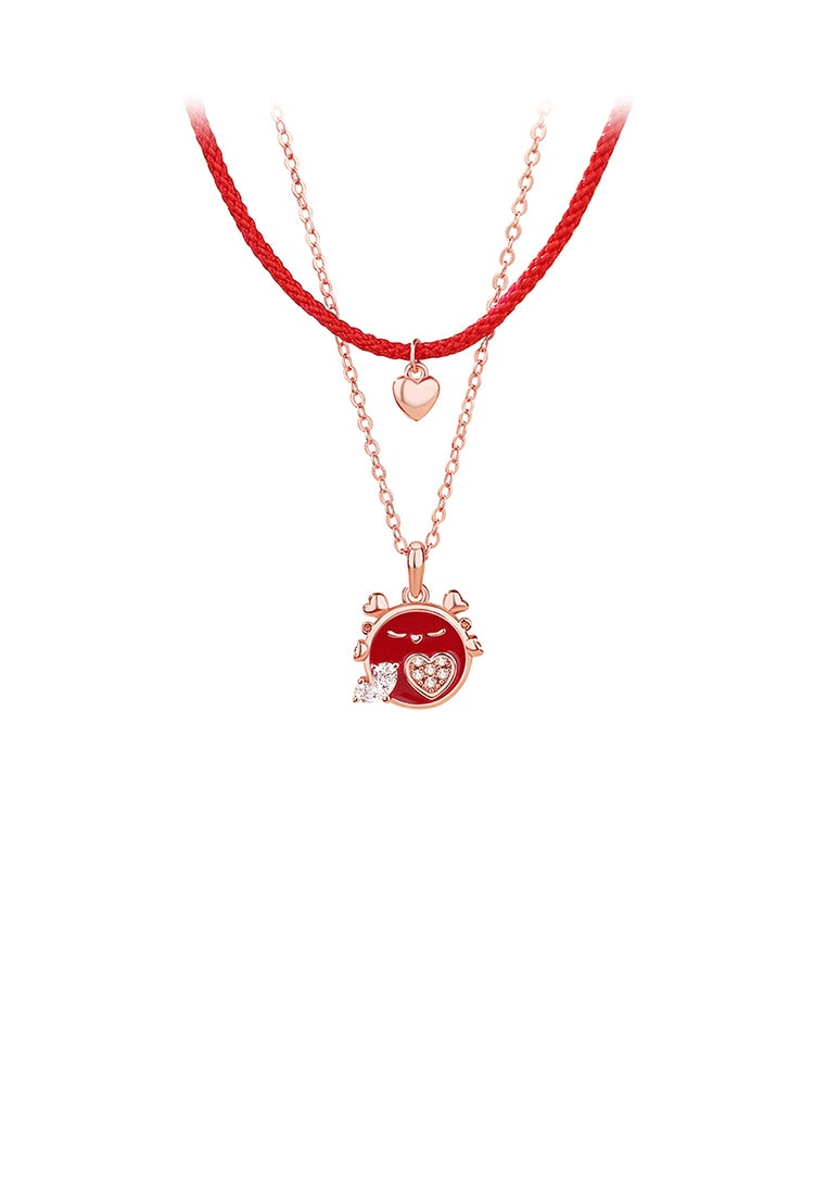 925 Sterling Silver Plated Rose Gold Simple and Cute Heart-shaped Enamel Dragon Pendant with Cubic Zirconia and Double-layer Necklace - Luxurious Look