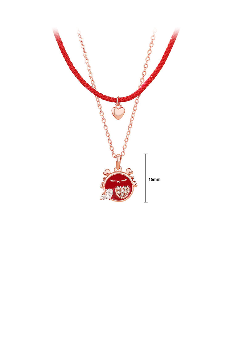 925 Sterling Silver Plated Rose Gold Simple and Cute Heart-shaped Enamel Dragon Pendant with Cubic Zirconia and Double-layer Necklace - Luxurious Look