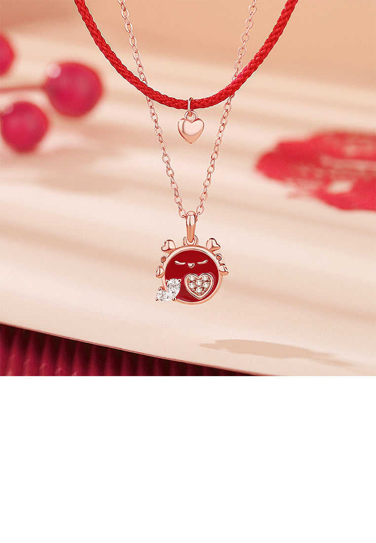 925 Sterling Silver Plated Rose Gold Simple and Cute Heart-shaped Enamel Dragon Pendant with Cubic Zirconia and Double-layer Necklace - Luxurious Look