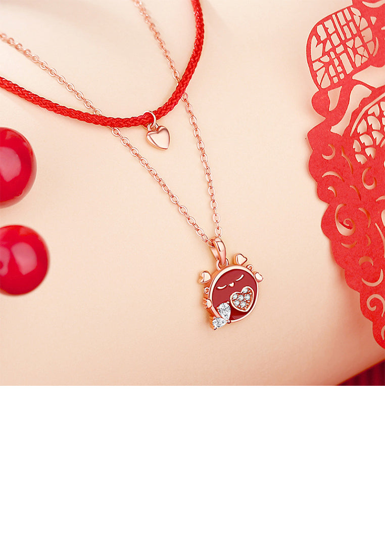 925 Sterling Silver Plated Rose Gold Simple and Cute Heart-shaped Enamel Dragon Pendant with Cubic Zirconia and Double-layer Necklace - Luxurious Look