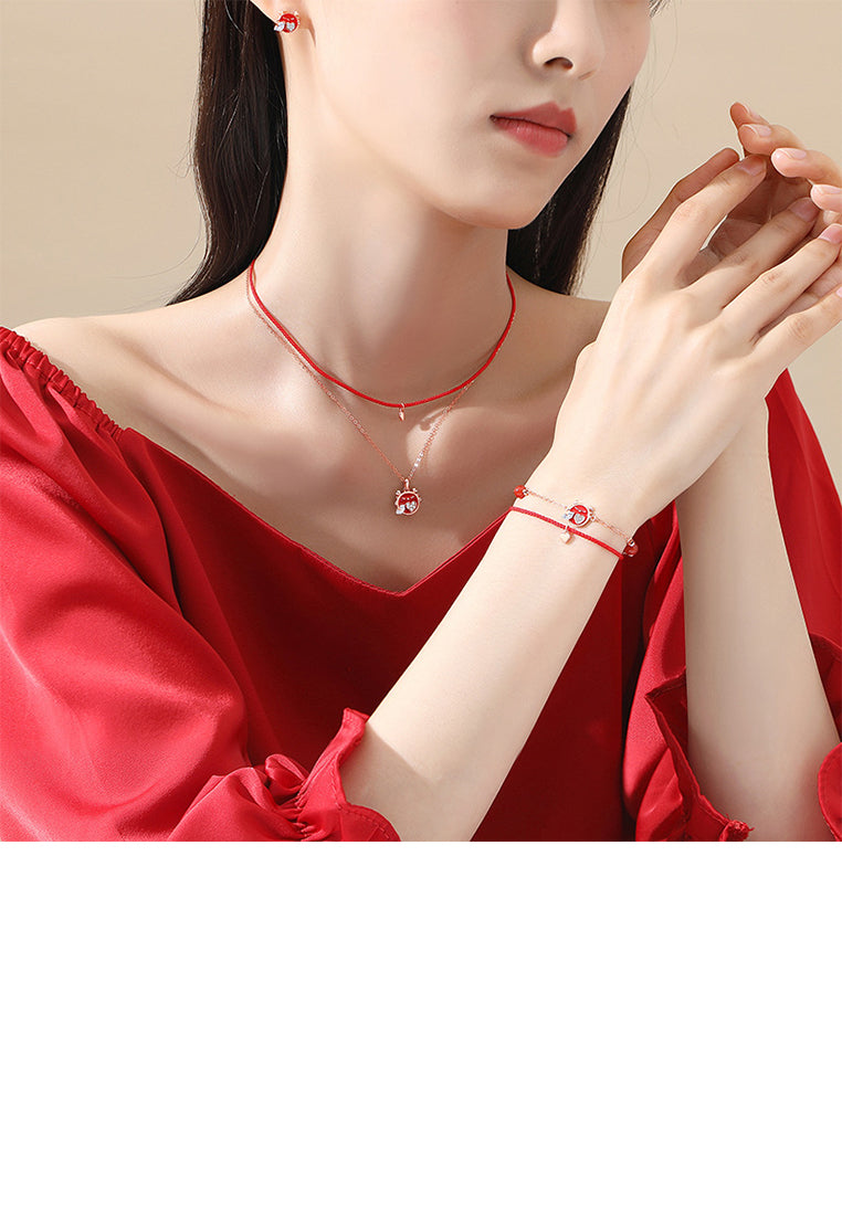 925 Sterling Silver Plated Rose Gold Simple and Cute Heart-shaped Enamel Dragon Pendant with Cubic Zirconia and Double-layer Necklace - Luxurious Look