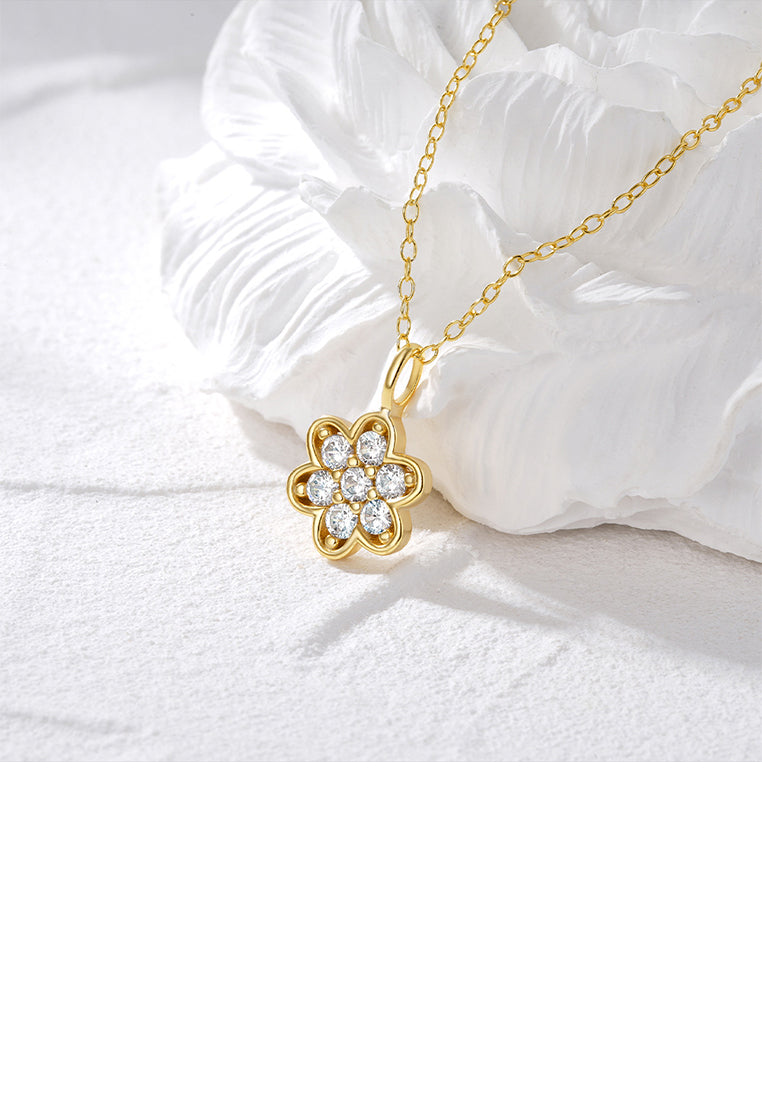 925 Sterling Silver Plated Gold Simple and Fashion Flower Pendant with Cubic Zirconia and Necklace - Luxurious Look