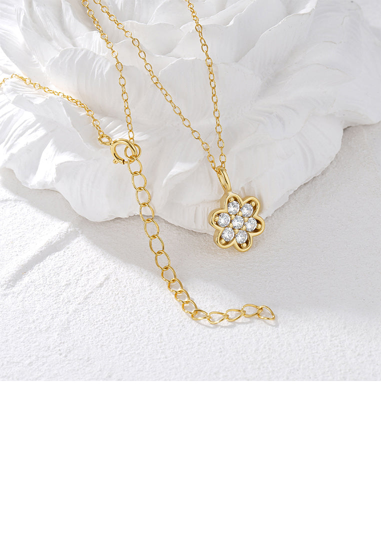 925 Sterling Silver Plated Gold Simple and Fashion Flower Pendant with Cubic Zirconia and Necklace - Luxurious Look