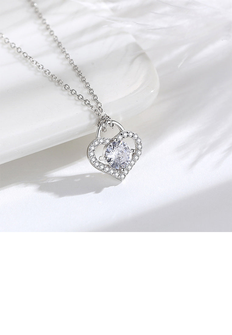 925 Sterling Silver Fashion Personality Heart Lock Key Pendant with Cubic Zirconia and Necklace - Luxurious Look