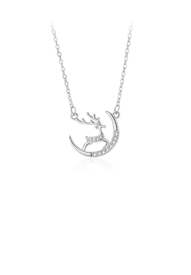 925 Sterling Silver Simple and Cute Elk Moon Pendant with Cubic Zirconia and Necklace - Luxurious Look