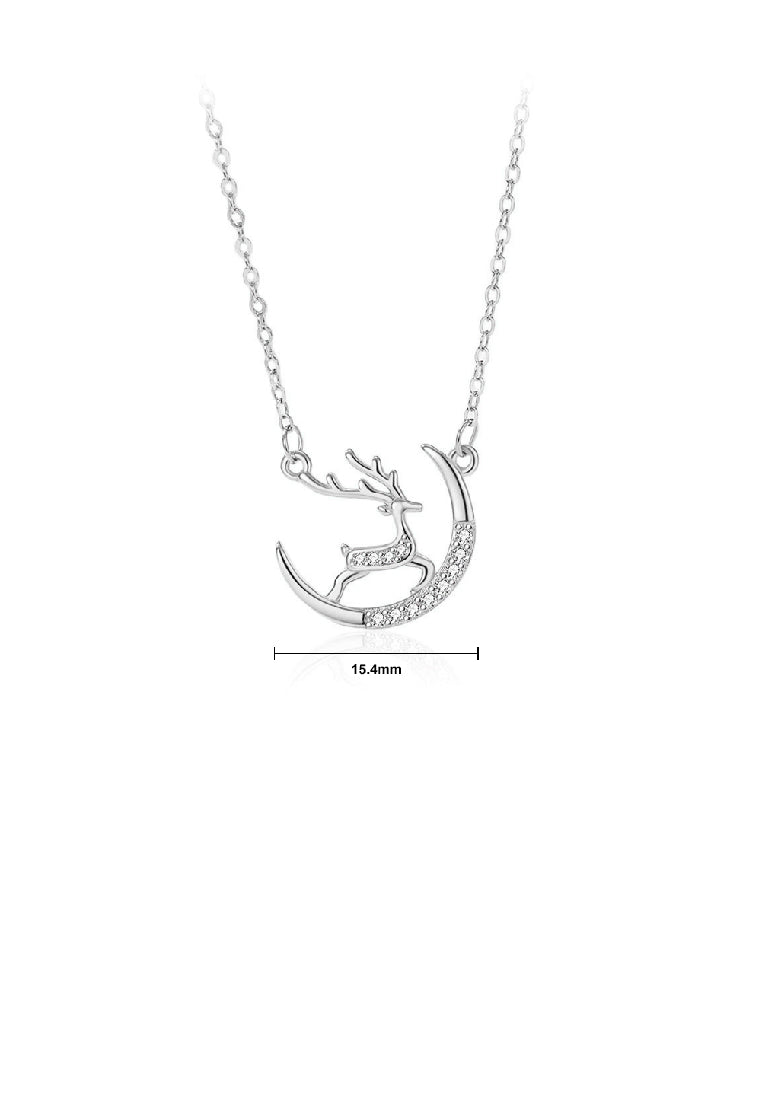 925 Sterling Silver Simple and Cute Elk Moon Pendant with Cubic Zirconia and Necklace - Luxurious Look