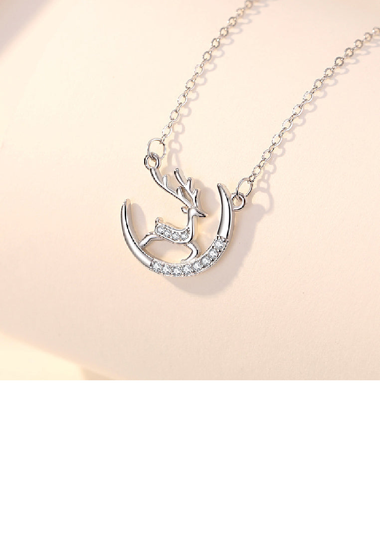 925 Sterling Silver Simple and Cute Elk Moon Pendant with Cubic Zirconia and Necklace - Luxurious Look