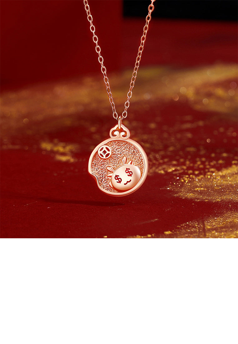 925 Sterling Silver Plated Rose Gold Fashion and Creative Cute Dragon Coin Pendant with Necklace