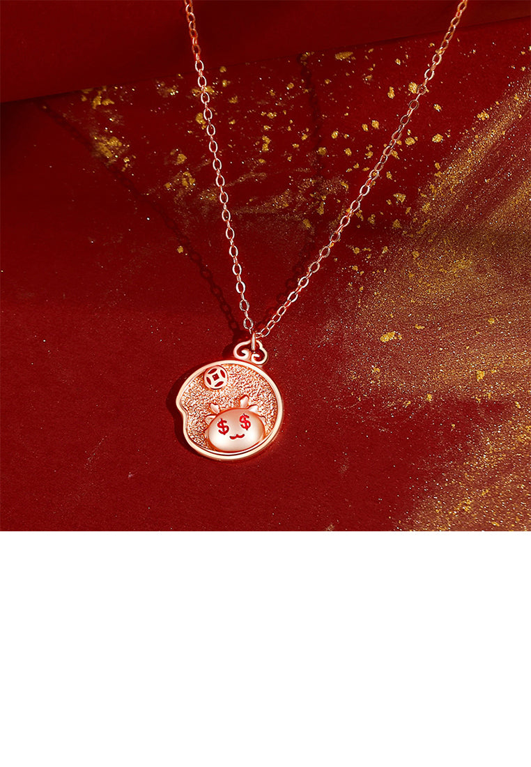 925 Sterling Silver Plated Rose Gold Fashion and Creative Cute Dragon Coin Pendant with Necklace