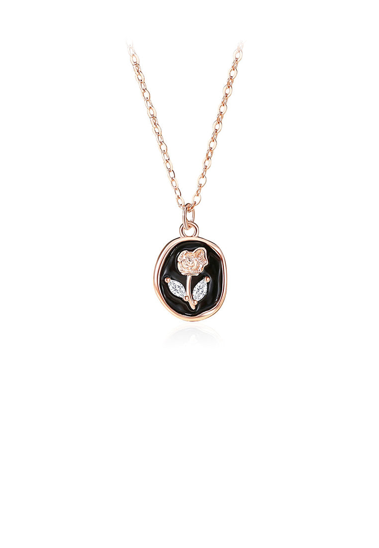 925 Sterling Silver Plated Rose Gold Fashion Rose Enamel Geometric Pendant with Cubic Zirconia and Necklace - Luxurious Look