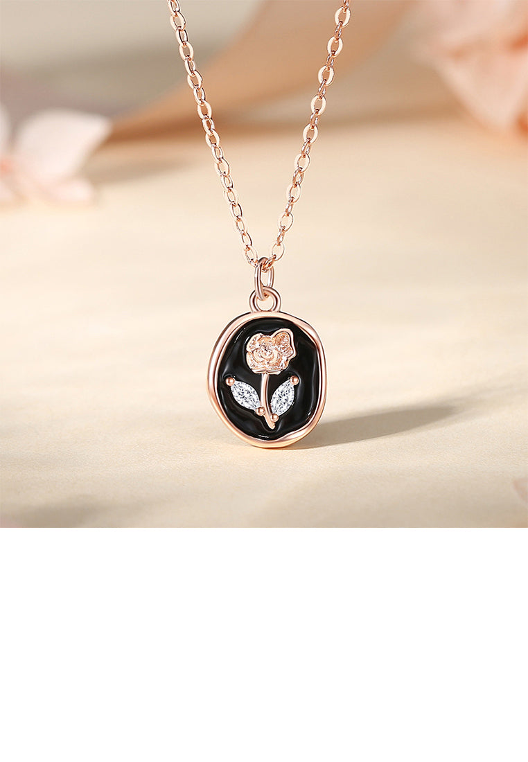 925 Sterling Silver Plated Rose Gold Fashion Rose Enamel Geometric Pendant with Cubic Zirconia and Necklace - Luxurious Look