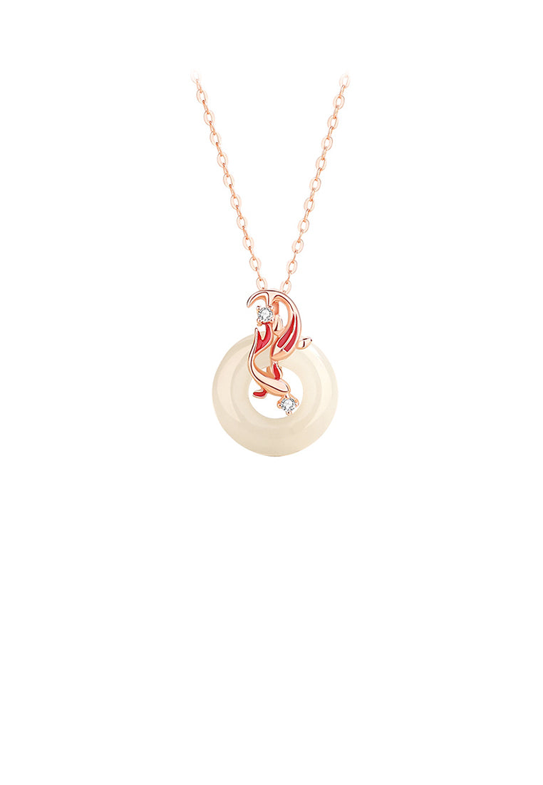 925 Sterling Silver Plated Rose Gold Fashion Vintage Koi Imitation Chalcedony Pendant with Cubic Zirconia and Necklace - Luxurious Look