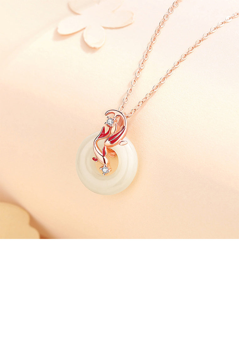 925 Sterling Silver Plated Rose Gold Fashion Vintage Koi Imitation Chalcedony Pendant with Cubic Zirconia and Necklace - Luxurious Look