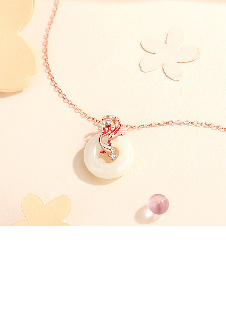 925 Sterling Silver Plated Rose Gold Fashion Vintage Koi Imitation Chalcedony Pendant with Cubic Zirconia and Necklace - Luxurious Look