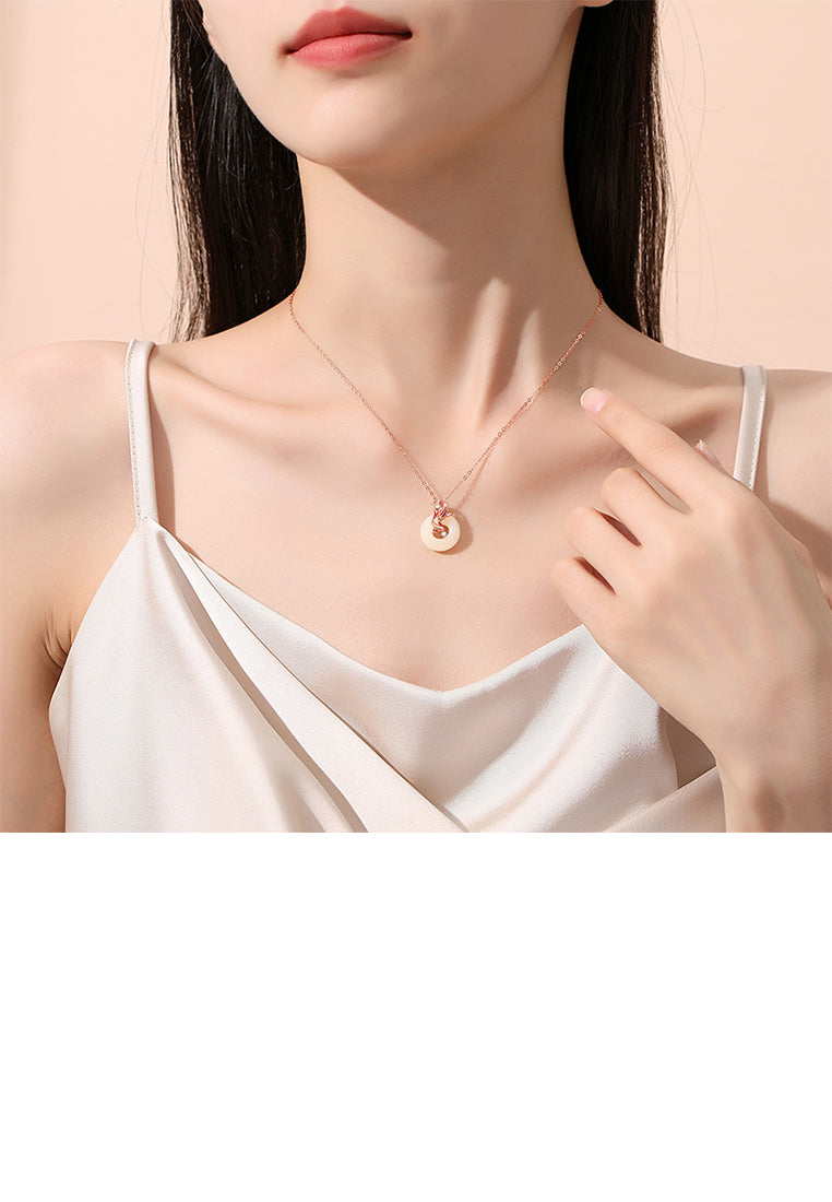 925 Sterling Silver Plated Rose Gold Fashion Vintage Koi Imitation Chalcedony Pendant with Cubic Zirconia and Necklace - Luxurious Look