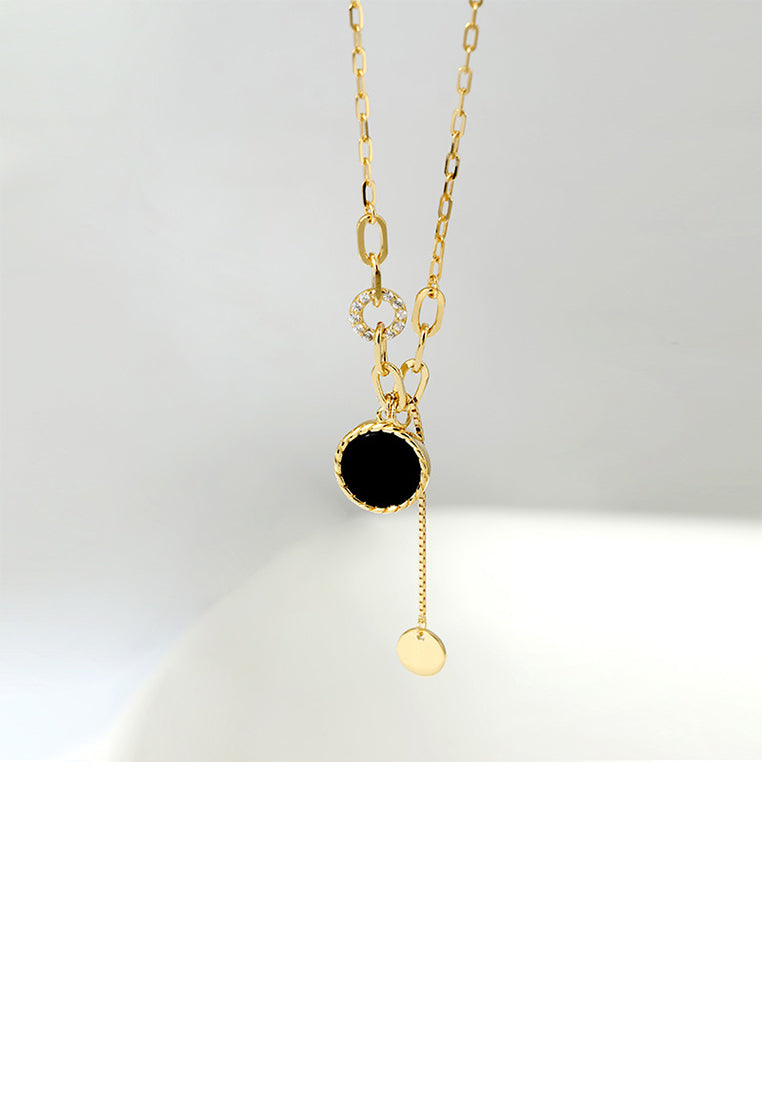 925 Sterling Silver Plated Gold Fashion Simple Geometric Round Imitation Agate Tassel Pendant with Cubic Zirconia and Necklace - Luxurious Look