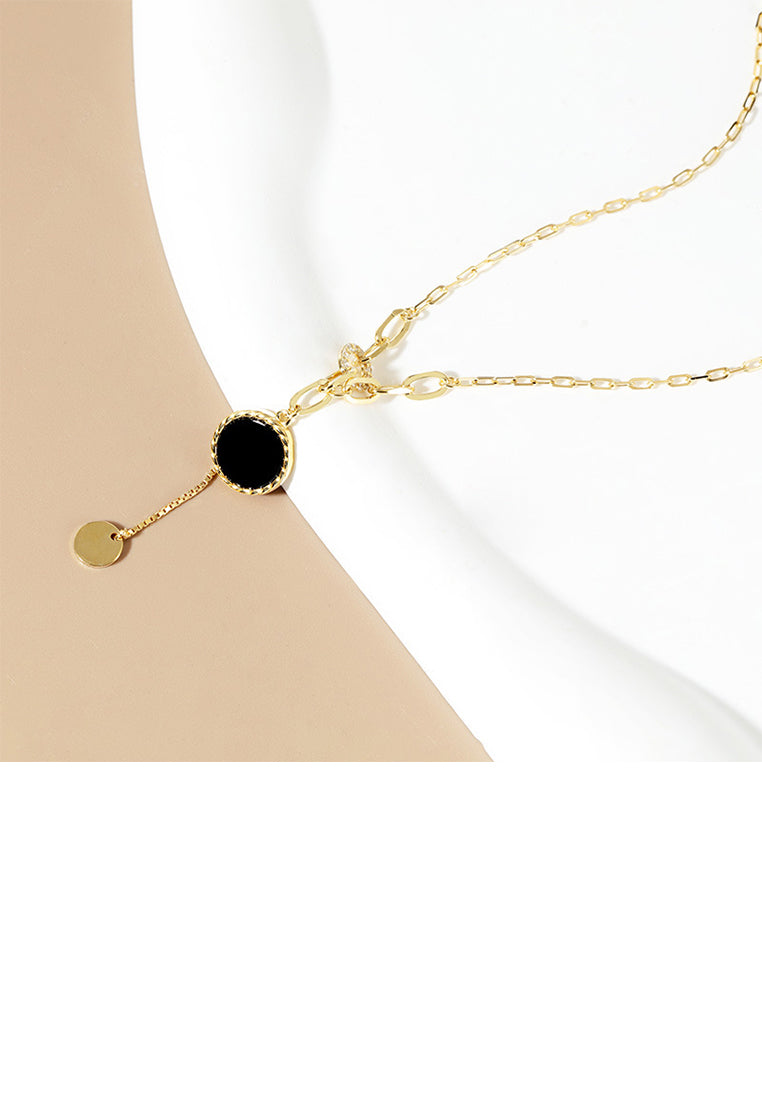 925 Sterling Silver Plated Gold Fashion Simple Geometric Round Imitation Agate Tassel Pendant with Cubic Zirconia and Necklace - Luxurious Look