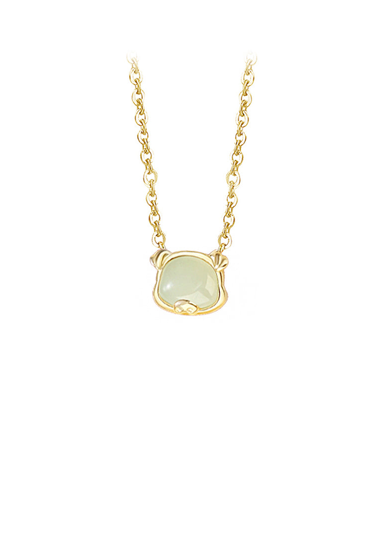 925 Sterling Silver Plated Gold Simple and Fashion Twelve Zodiac Pig Pendant with Imitation Hetian Jade and Necklace