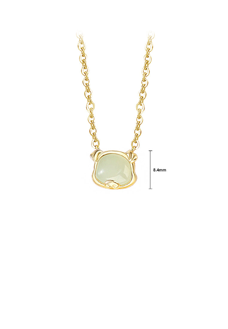 925 Sterling Silver Plated Gold Simple and Fashion Twelve Zodiac Pig Pendant with Imitation Hetian Jade and Necklace