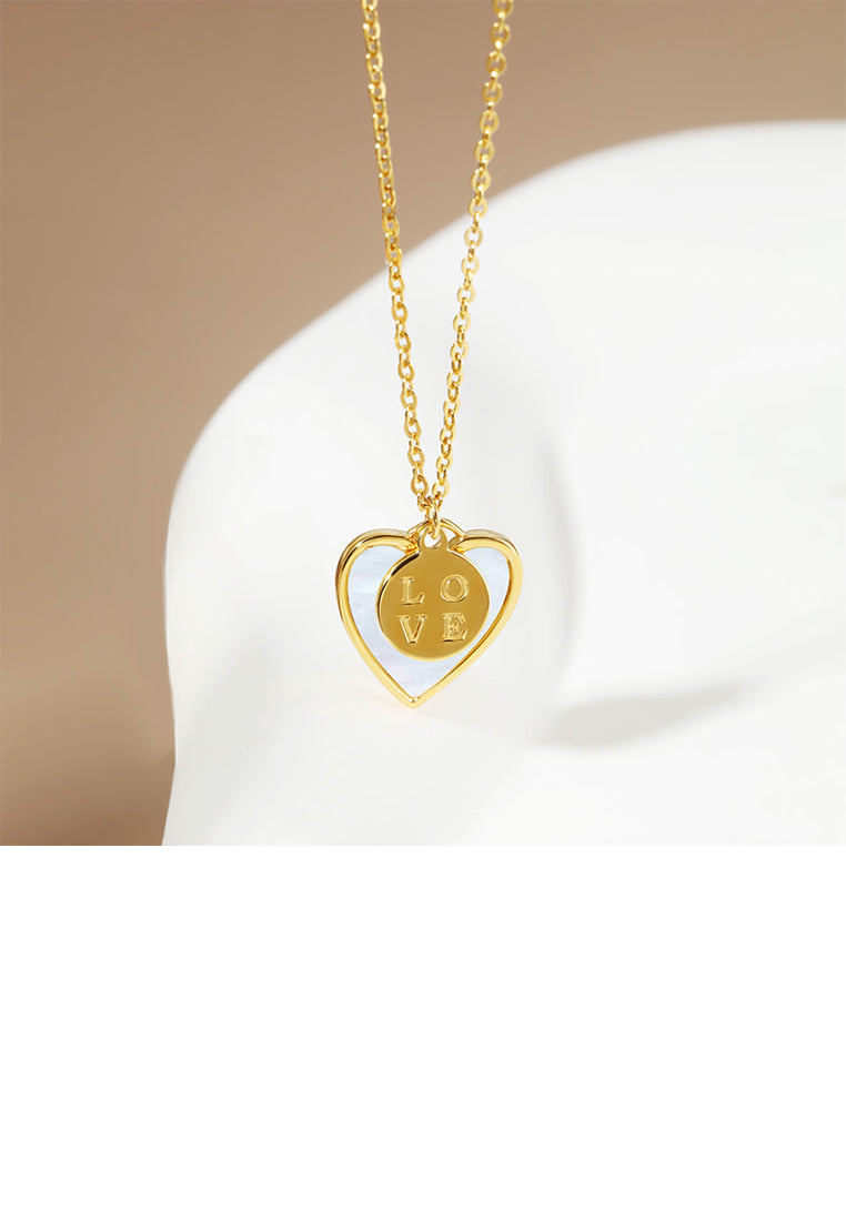 925 Sterling Silver Plated Gold Simple Romantic Love Heart-shaped Mother-of-pearl Pendant with Necklace