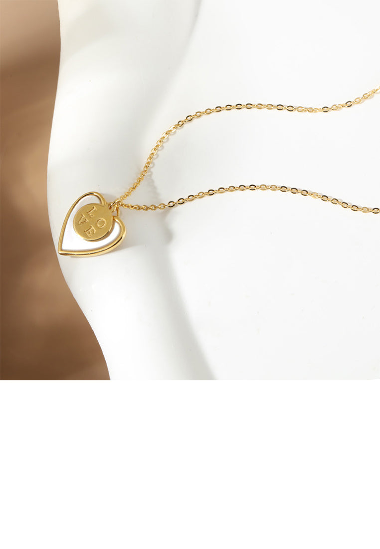 925 Sterling Silver Plated Gold Simple Romantic Love Heart-shaped Mother-of-pearl Pendant with Necklace