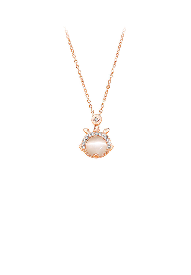 925 Sterling Silver Plated Rose Gold Fashion Vintage Cute Dragon Imitation Cats Eye Pendant with Cubic Zirconia and Necklace - Luxurious Look