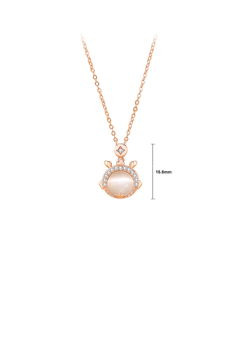925 Sterling Silver Plated Rose Gold Fashion Vintage Cute Dragon Imitation Cats Eye Pendant with Cubic Zirconia and Necklace - Luxurious Look