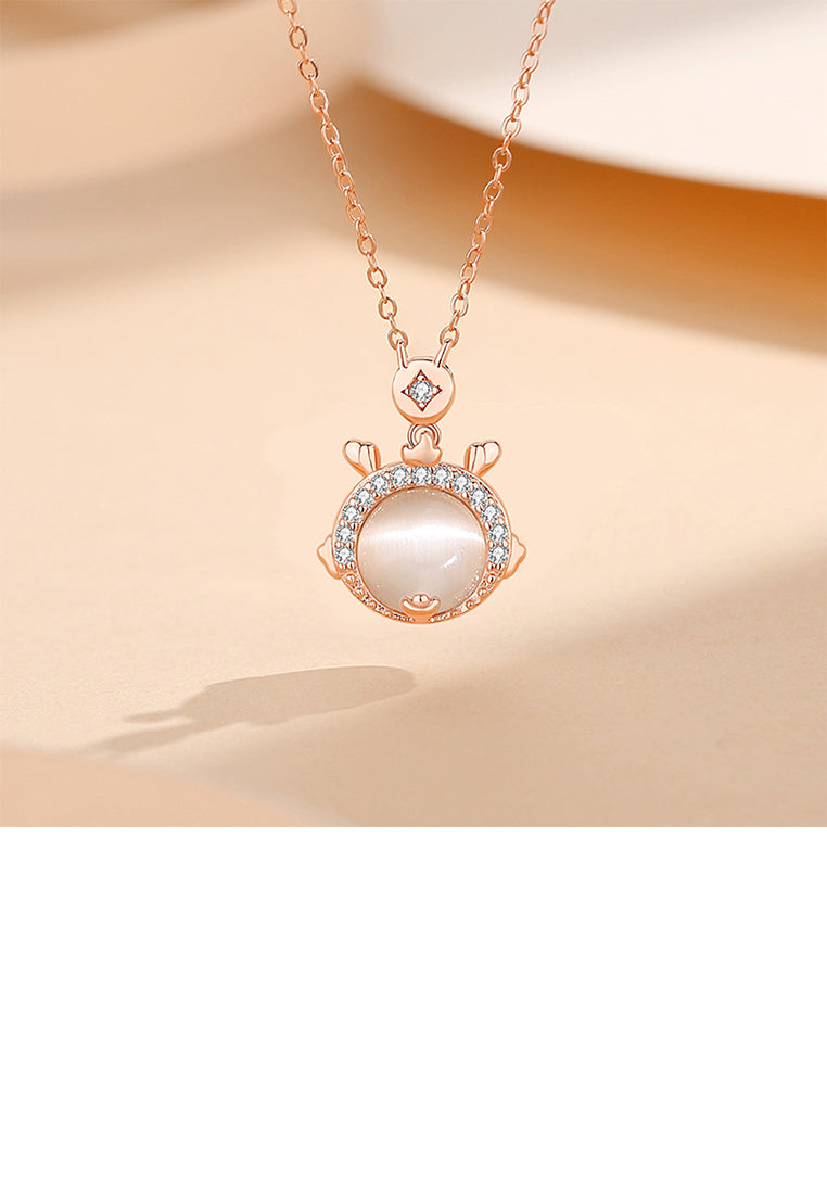 925 Sterling Silver Plated Rose Gold Fashion Vintage Cute Dragon Imitation Cats Eye Pendant with Cubic Zirconia and Necklace - Luxurious Look