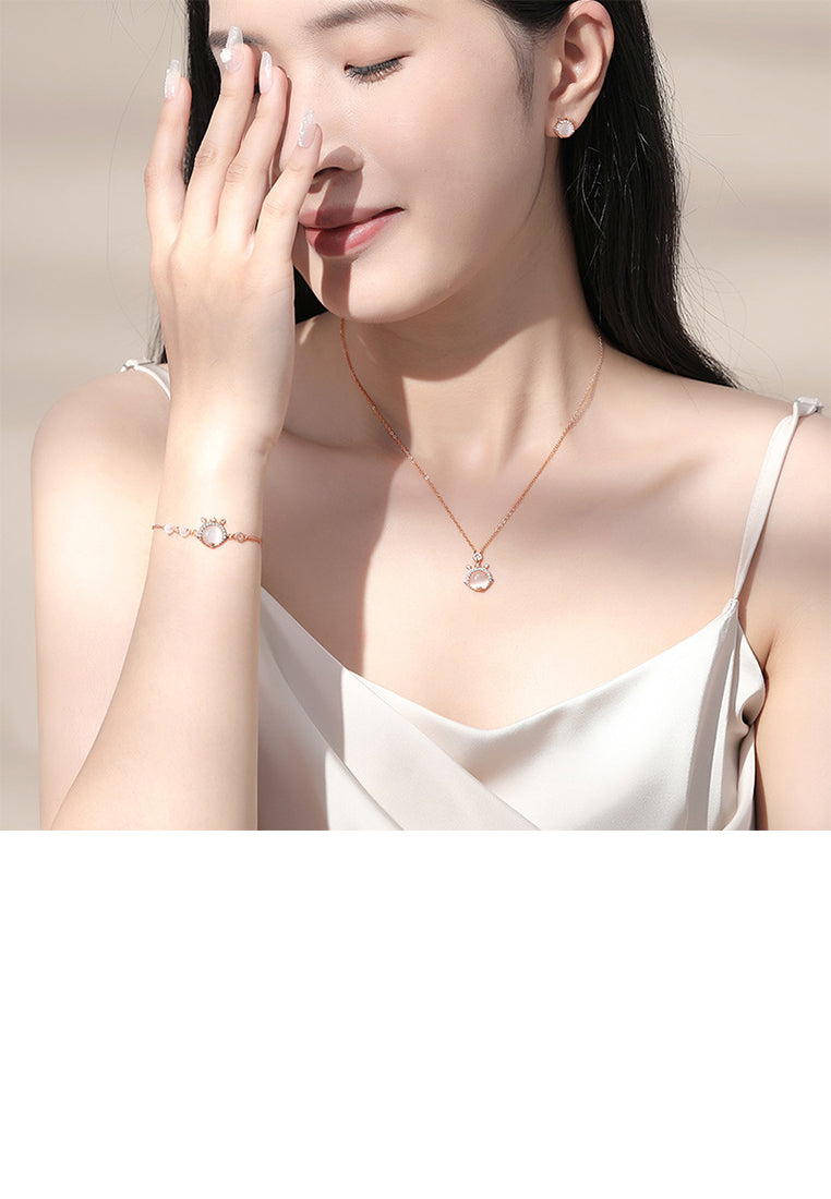 925 Sterling Silver Plated Rose Gold Fashion Vintage Cute Dragon Imitation Cats Eye Pendant with Cubic Zirconia and Necklace - Luxurious Look