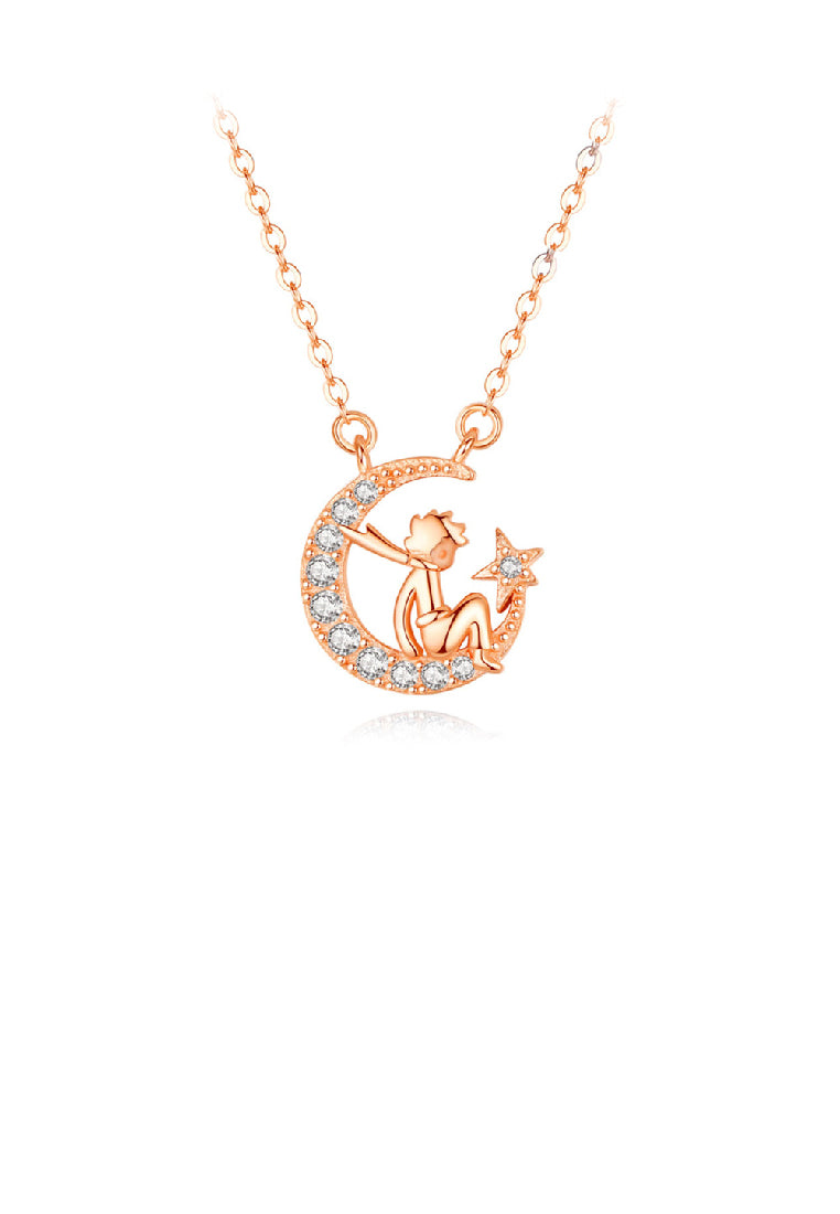 925 Sterling Silver Plated Rose Gold Fashion Creative Little Prince Moon Pendant with Cubic Zirconia and Necklace - Luxurious Look