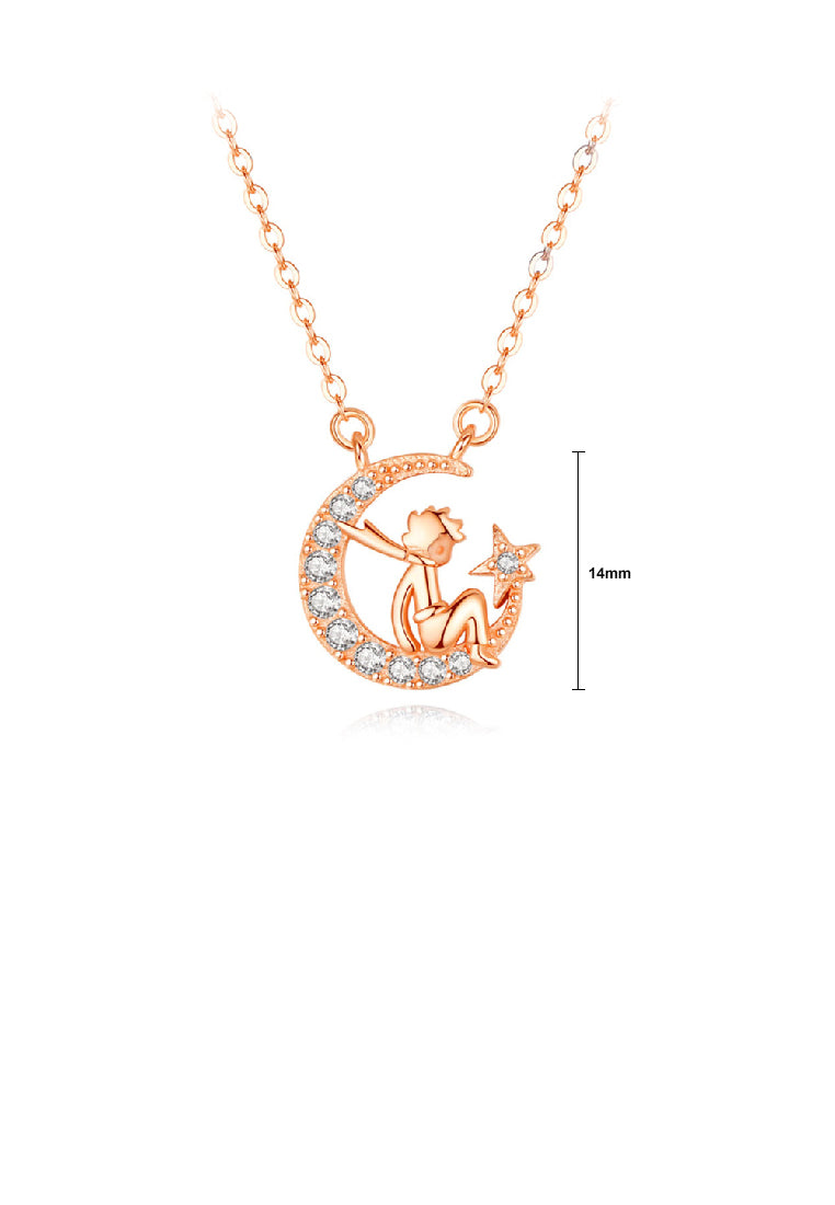 925 Sterling Silver Plated Rose Gold Fashion Creative Little Prince Moon Pendant with Cubic Zirconia and Necklace - Luxurious Look