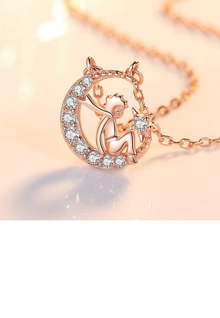 925 Sterling Silver Plated Rose Gold Fashion Creative Little Prince Moon Pendant with Cubic Zirconia and Necklace - Luxurious Look